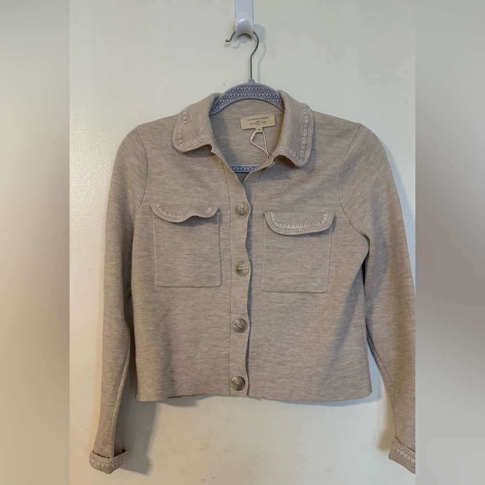 Sezane Beige Cropped Button-Up Cardigan Jacket